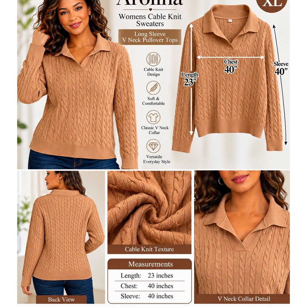 Arolina Women's XL Beige Cable Knit V-Neck Long Sleeve Pullover Sweater